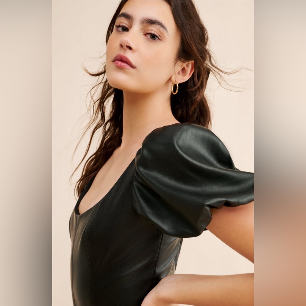 Anthropologie Hutch Black faux vegan leather drop waist Puff Sleeve Midi Dress - Picture 2 of 9